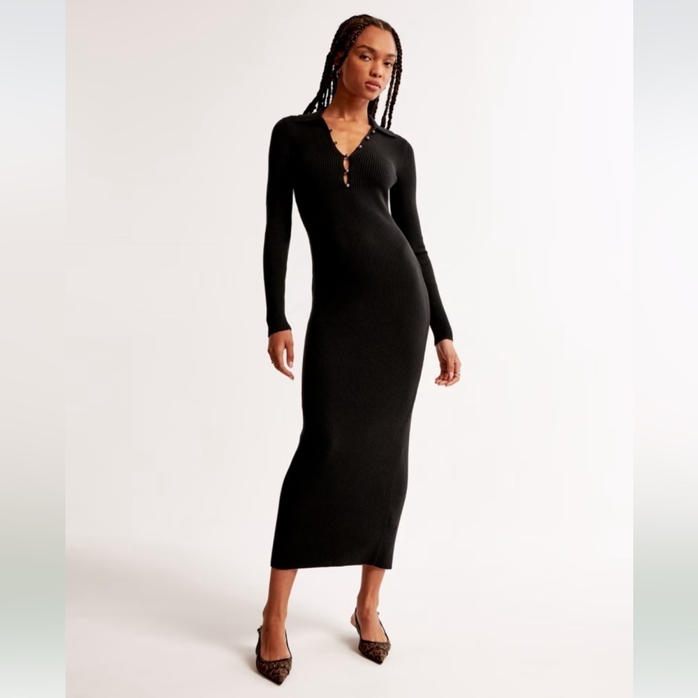 Abercrombie & Fitch Long Sleeve Collared Ribbed Polo Midi Sweater Dress L